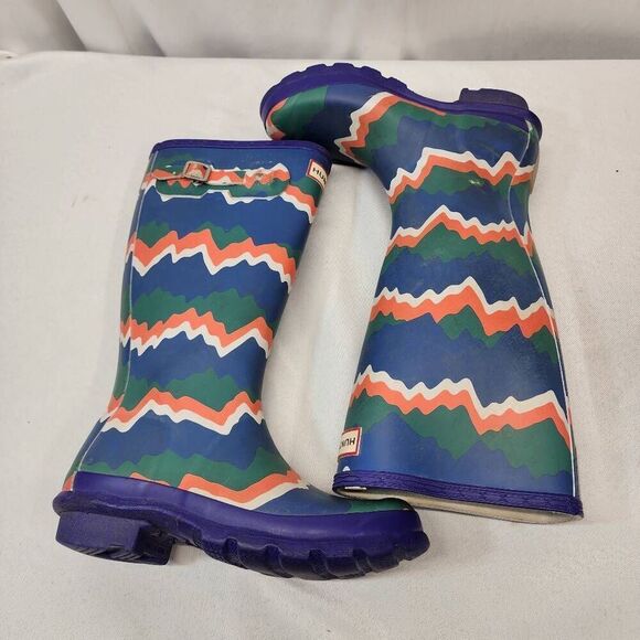 Hunter Kids First Storm Stripe Electric Rain Boots Size 4B/5G Green Blue Boys Gi - Picture 11 of 14